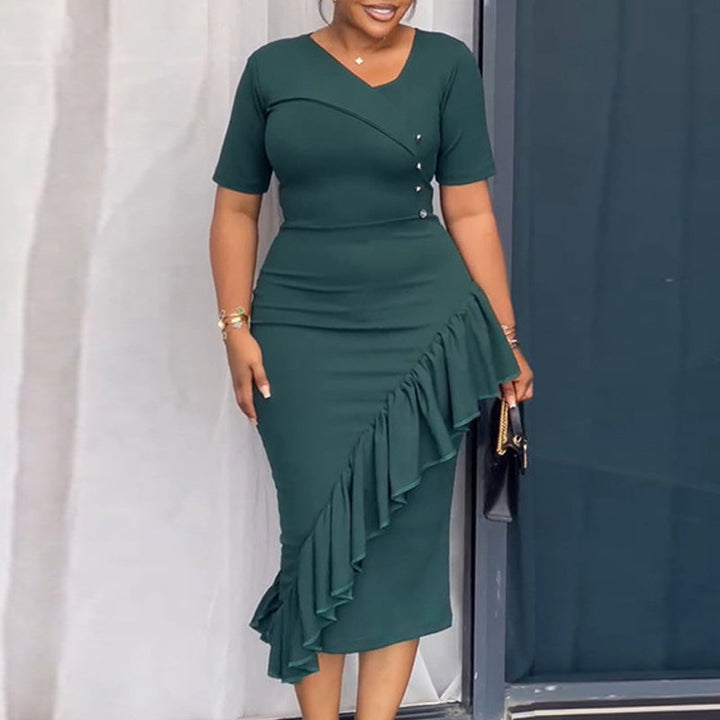Elegantes Damen Wickelkleid mit Rüschensaum, Kurzarm. Ideal für Sommer & Frühling, Party & Büro.
