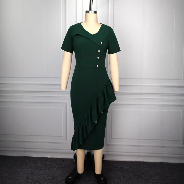 Kurzärmeliges Damen Wickelkleid in eleganter Wickeloptik. Rüschenkleid perfekt für Frühling & Sommer.