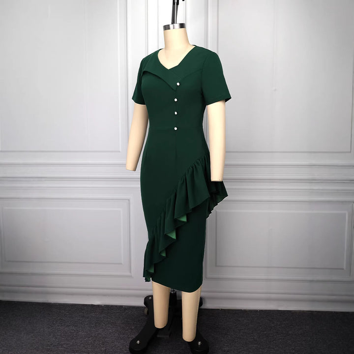 Vielseitiges elegantes Damen Wickelkleid mit Rüschensaum. Ein modisches Kurzarmkleid für Büro, Party & Alltag.