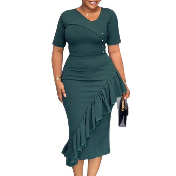 Modisches Damen Wickelkleid mit Rüschensaum, elegant & vielseitig. Perfektes Kurzarmkleid für Frühling & Sommer Mode.