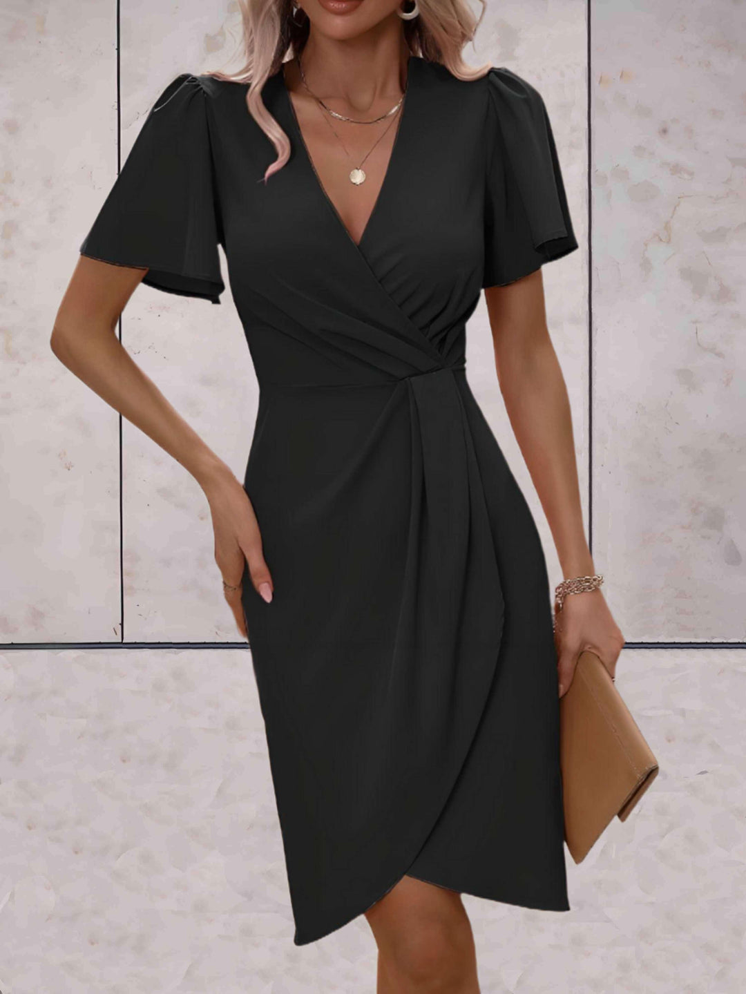 Modisches Damen Sommerkleid/Herbstkleid, Wickelkleid mit V-Ausschnitt. Vielseitiges, komfortables Freizeitkleid.