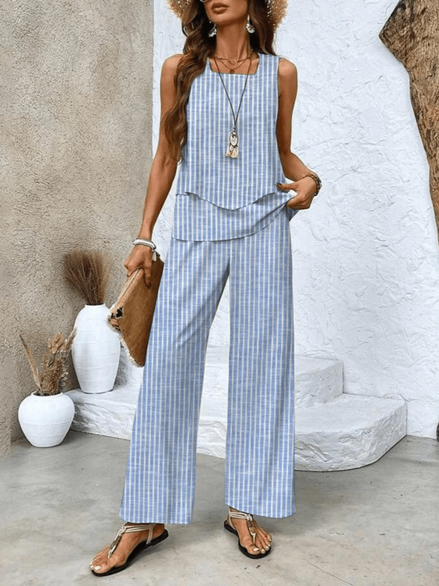 Zeitloser Damen Zweiteiler mit schicker Bluse und langer Hose, perfekt für Frühling und Sommer.
