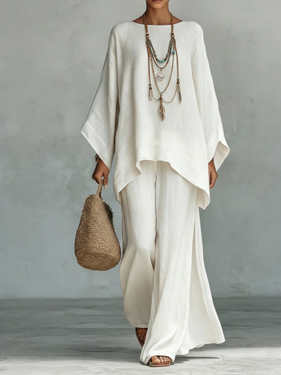 Elegantes Damen Zweiteiler-Set für den Alltag: Oberteil & weite Hose. Stilvolles, bequemes Sommeroutfit.
