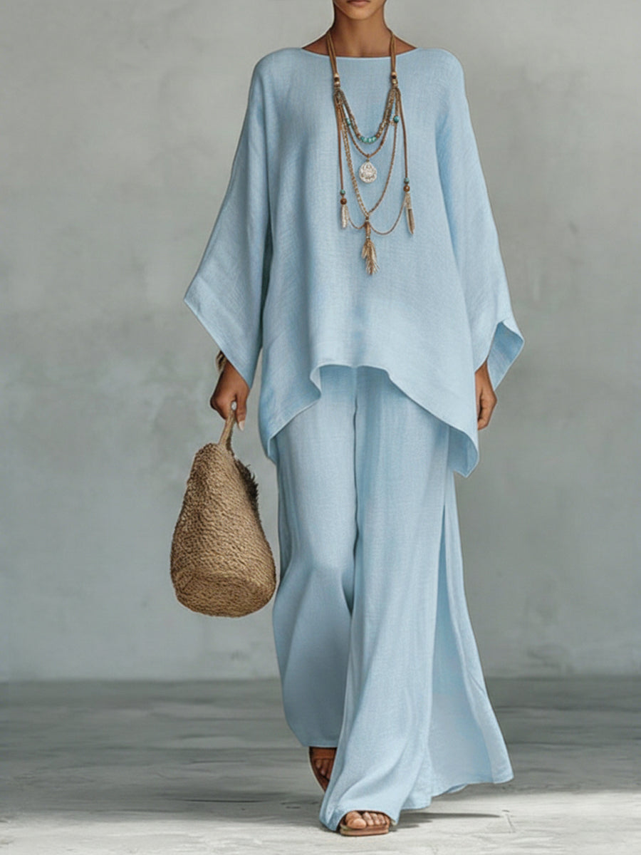Komfortabler Damen Zweiteiler mit Oversized-Oberteil und weiten Hosen. Perfekt für Freizeit & stilvollen Tageslook.
