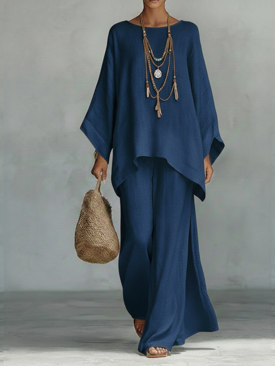 Damen Zweiteiler-Set: Elegantes Oberteil & fließende weite Hosen. Komfortables Sommeroutfit für Stilbewusste.