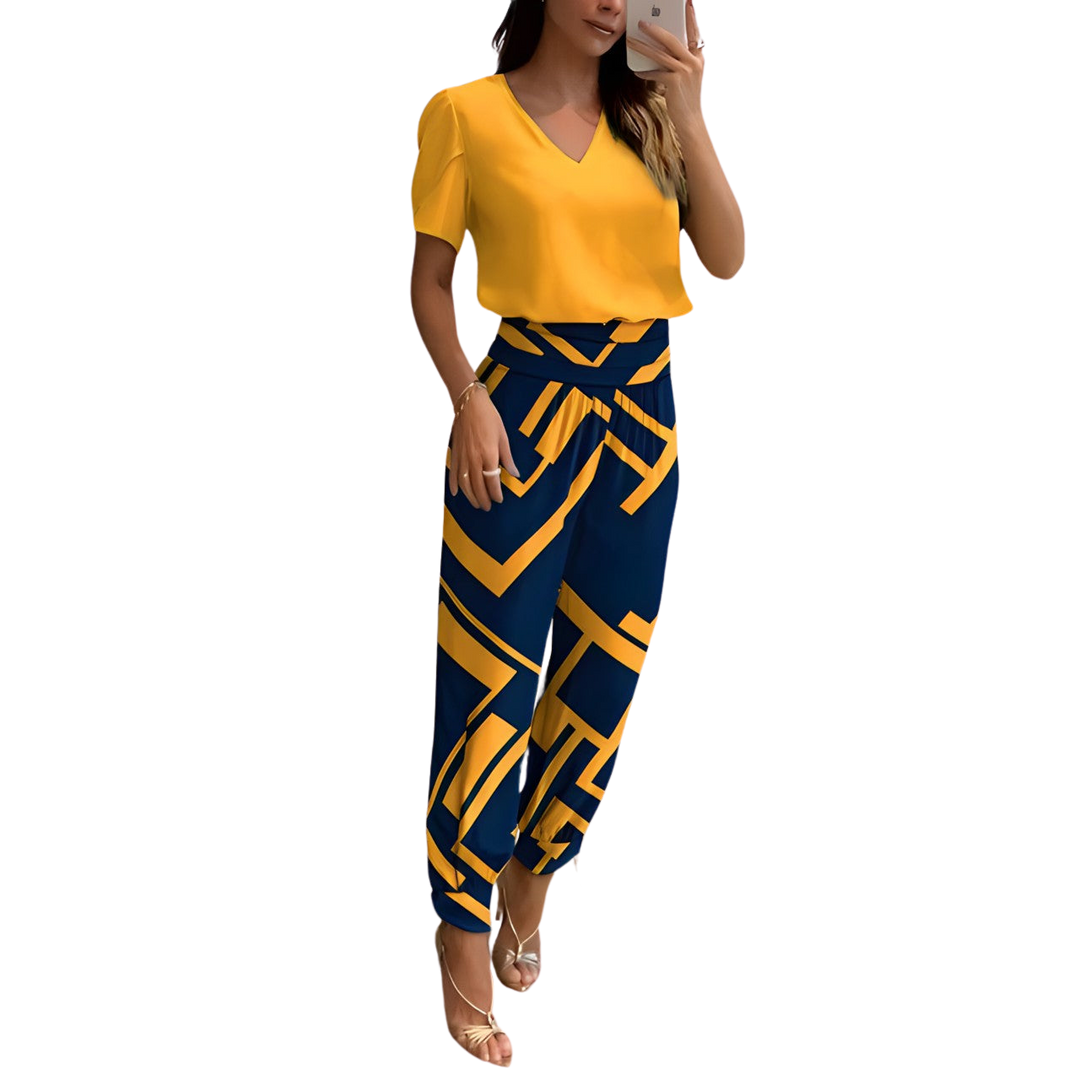 Elegantes Damen Zweiteiler Set: Oberteil & weite Hose. Bequemes Freizeit-Outfit für Alltag und Sommer.