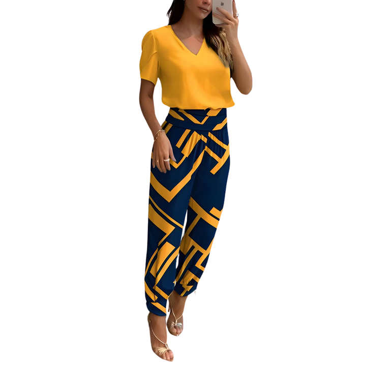 Elegantes Damen Zweiteiler Set: Oberteil & weite Hose. Bequemes Freizeit-Outfit für Alltag und Sommer.
