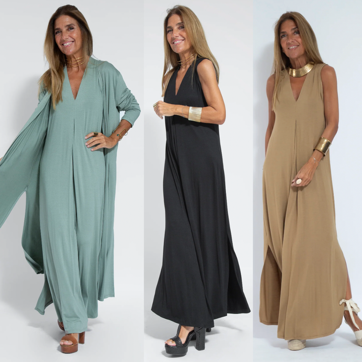 Modernes Damen Outfit Set: Schlankmachendes Kleid & elegante Weste. Ein kompletter, stilvoller Zweiteiler.