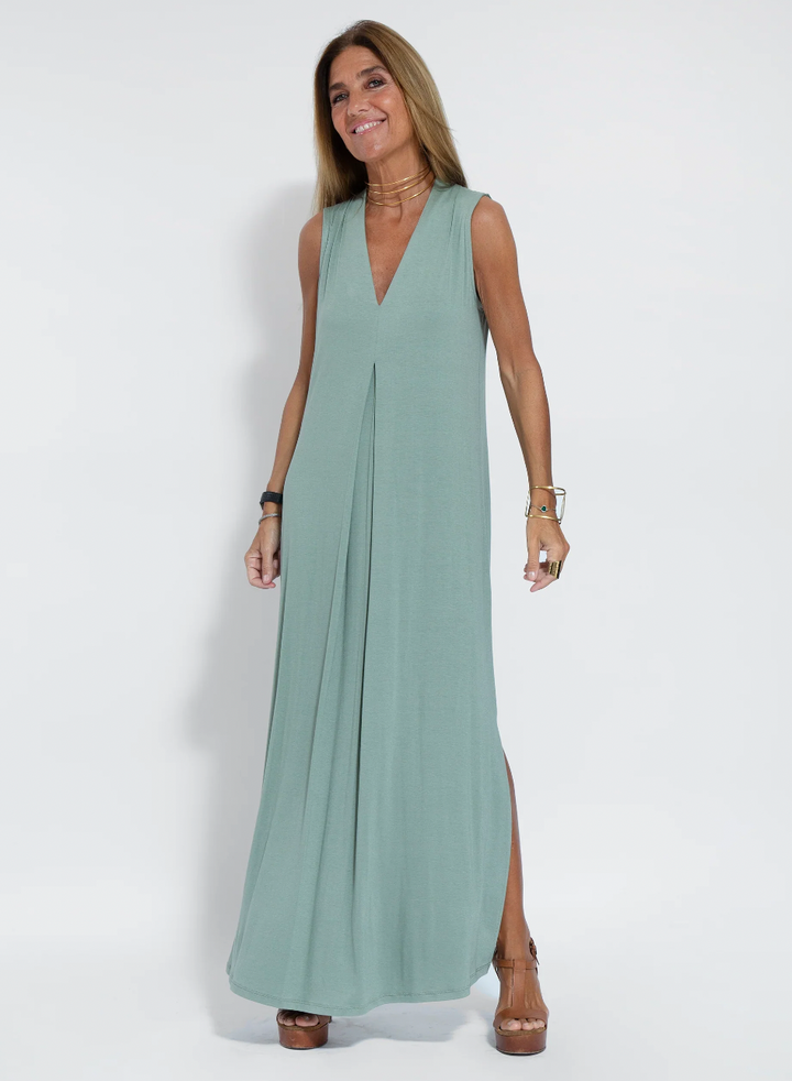 Schlankmachendes, elegantes Damen Zweiteiler Set: Kleid mit Weste. Modisches Damen Outfit für 2025.
