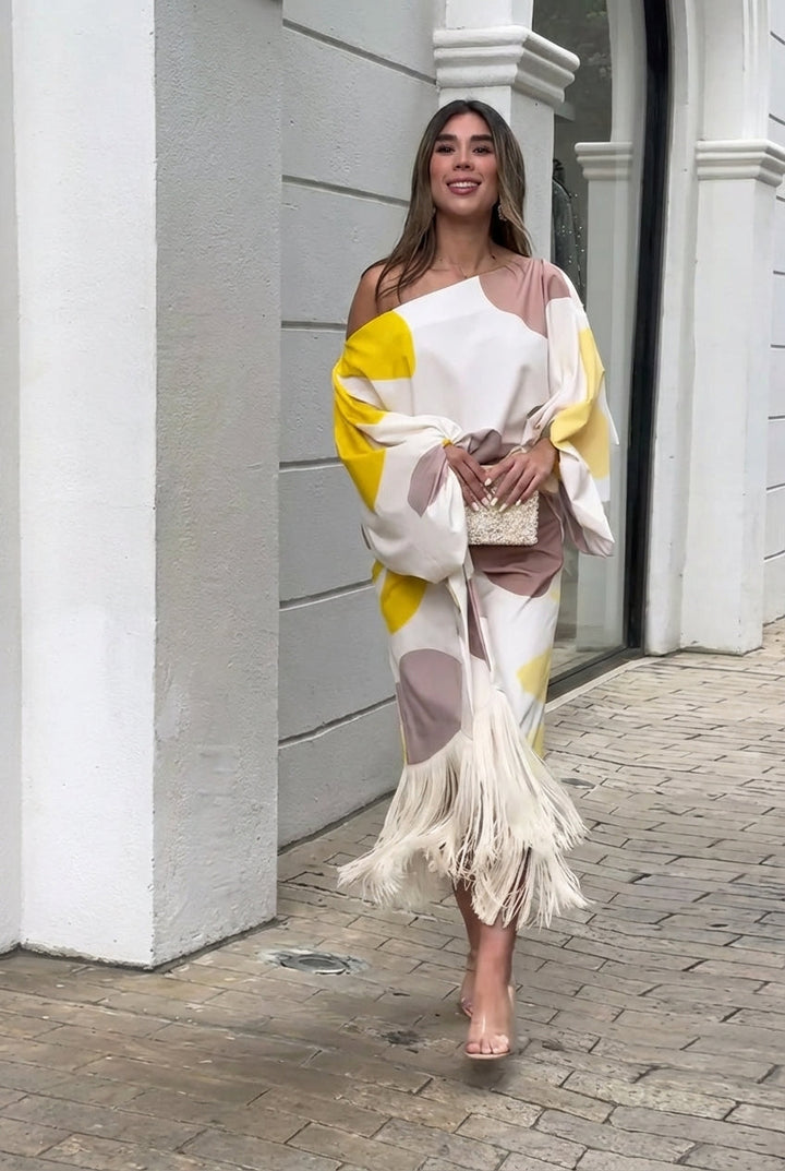 Elegantes Damen Zweiteiliges Set mit Fransen, Midirock & Oberteil, perfekt für festliche Anlässe & Sommerabende.