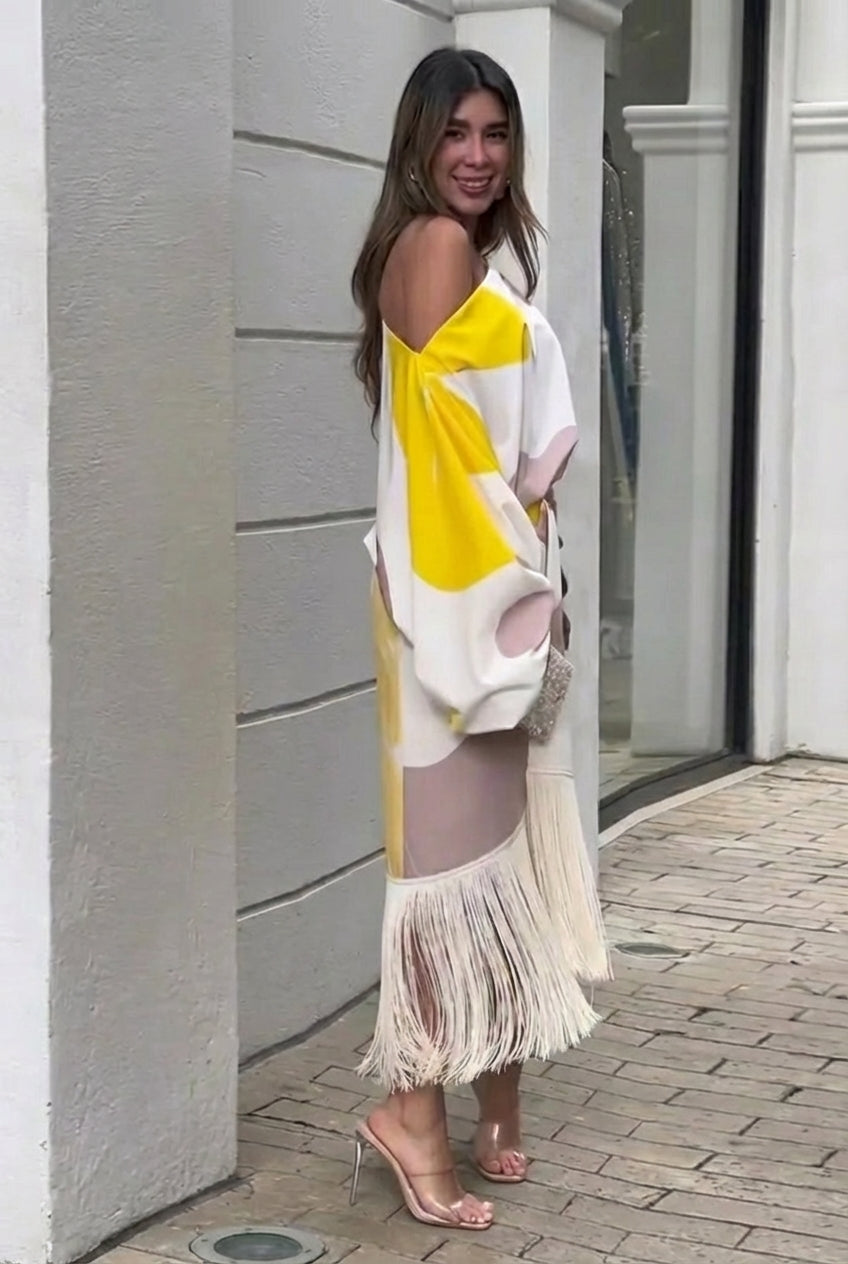 Trendiges Damen Fransen-Set: Elegantes zweiteiliges Oberteil & Midirock mit stylischen Fransen für Frühling & Sommer.