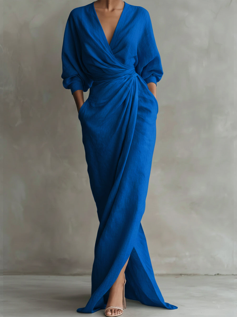 Komfortables, lockeres Damen-Eleganzkleid mit V-Ausschnitt & 3/4-Ärmeln. Perfekt für Freizeit & Frühling/Herbst.