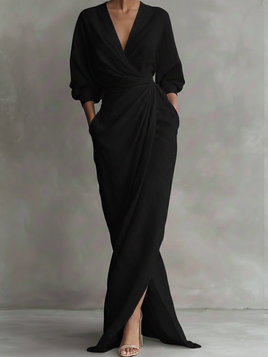 Damen-Eleganzkleid mit lockerem Schnitt, V-Ausschnitt & 3/4-Ärmeln. Komfortables Freizeitkleid für Frühling und Sommer.