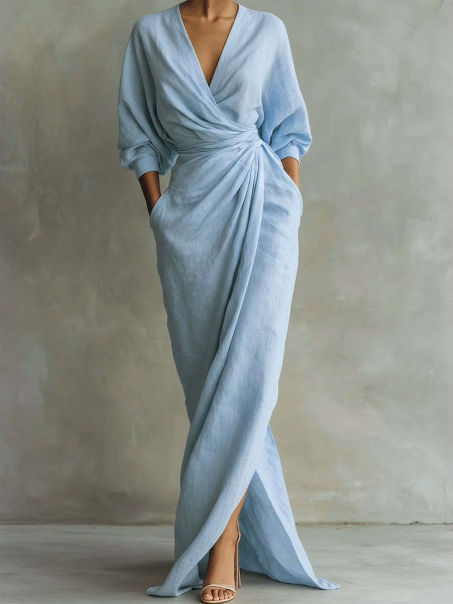 Hochwertiges Damen Eleganzkleid, V-Ausschnitt & 3/4-Ärmel. Perfekt als Freizeit- oder Abendkleid. Stilvolle Damenmode.