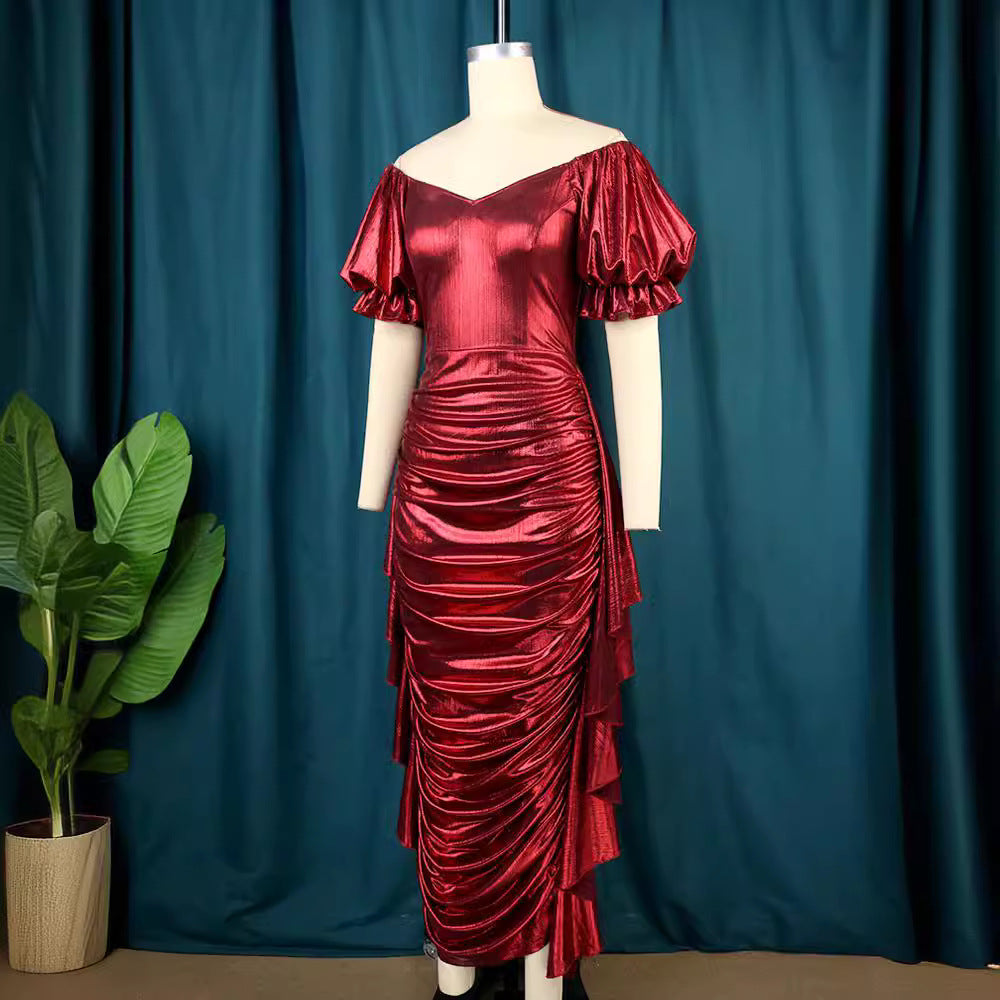 Stilvolles Cocktailkleid für Damen mit asymmetrischem Saum, eleganten Ballonärmeln und Off-Shoulder-Design.
