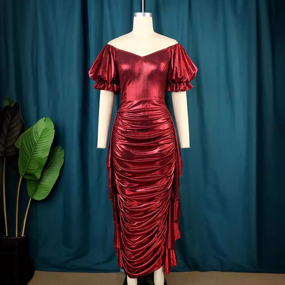 Festliches Partykleid für Frauen: elegant, schulterfrei, mit auffälligen Ballonärmeln & asymmetrischem Saum.