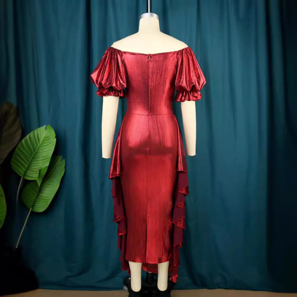 Modisches Abendkleid für Damen, elegant mit voluminösen Ballonärmeln, schulterfreiem Schnitt und asymmetrischem Saum.