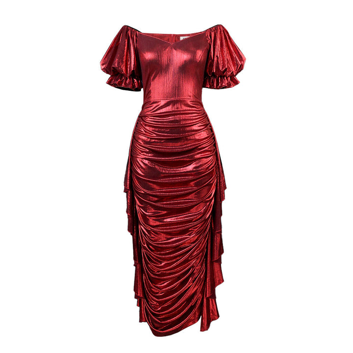 Damenmode: Elegantes Abendkleid mit voluminösen Ballonärmeln, schulterfreiem Design und stylischem asymmetrischem Saum.