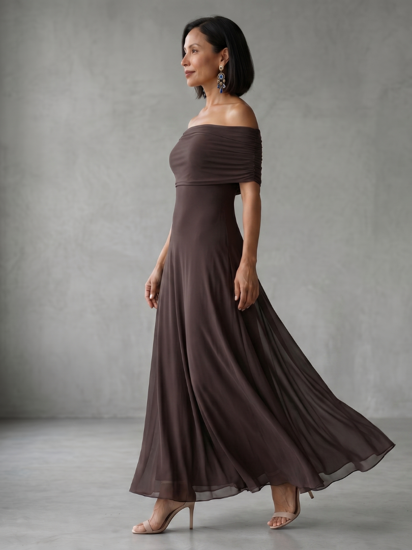 Damen Off-Shoulder Midikleid, drapiert, in elegantem Design. Ideal als Partykleid oder Abendkleid.