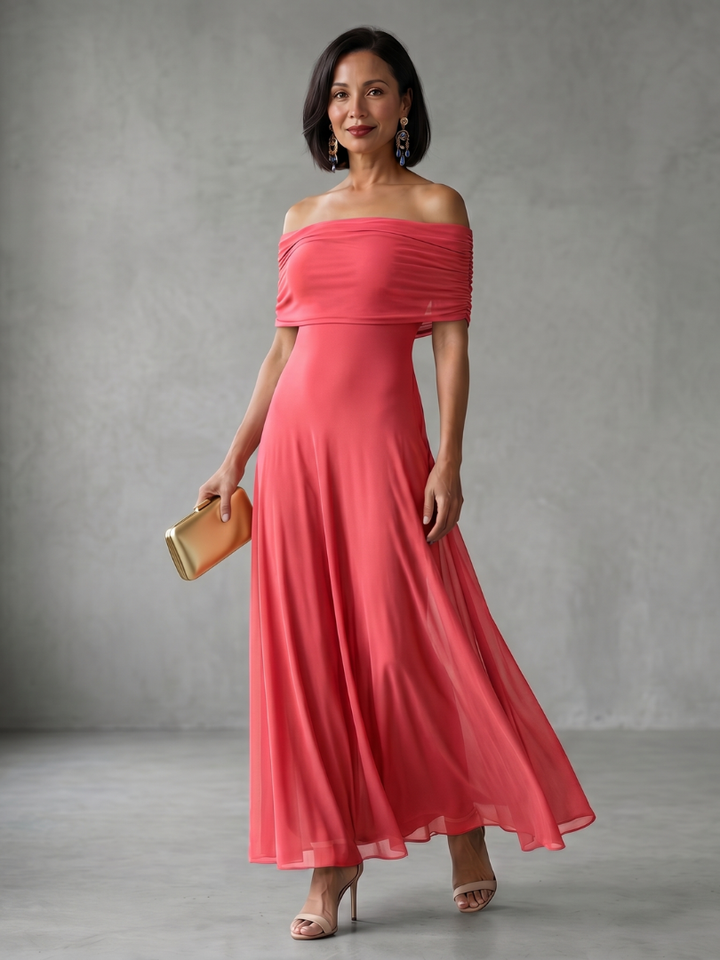 Grünes, elegantes Midikleid für Damen, Off-Shoulder und drapiert. Sommer- oder Partykleid.