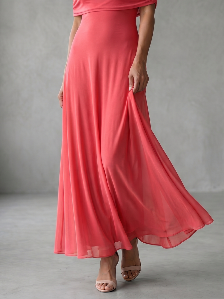 Drapiertes Off-Shoulder Sommerkleid für Damen. Midi-Länge, elegant geschnitten, in verschiedenen Farben.