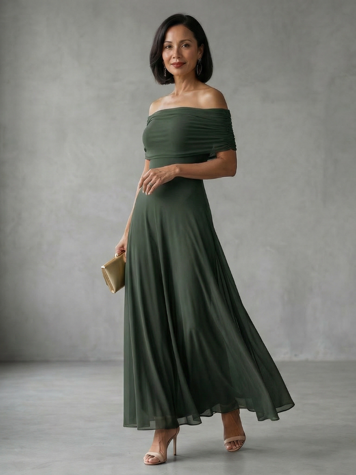 Stylisches Abendkleid: Off-Shoulder Midikleid, drapiert, für Damen. Erhältlich in Braun, Rot und Grün.