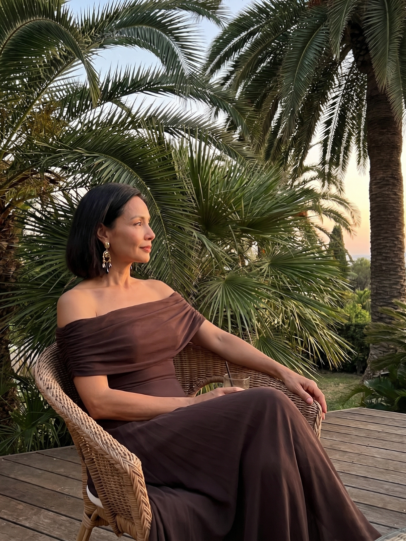 Trendiges Off-Shoulder Partykleid für Damen. Midi-Länge, drapiert und sehr elegant.