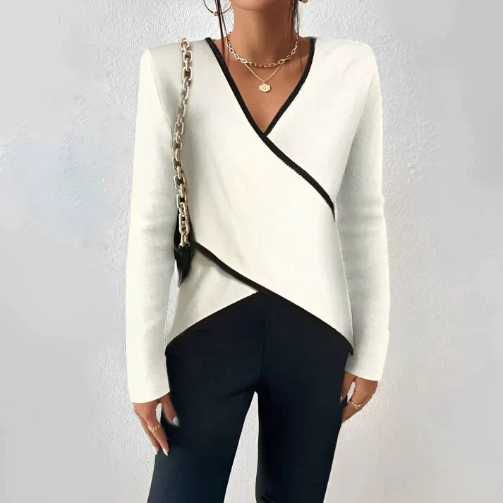 Elegantes elfenbein Damen V-Ausschnitt Langarmshirt Mara für Freizeit & Alltag, zeitloser Stil.