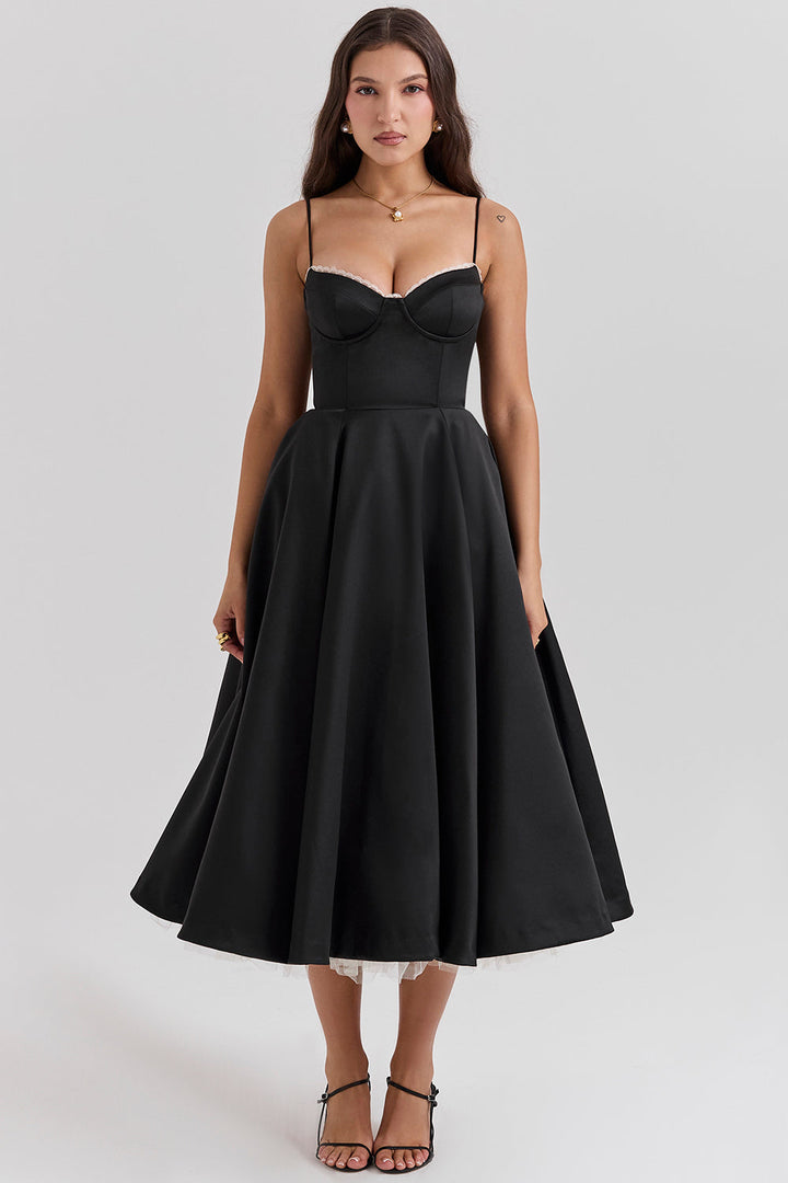 Schwarzes A-Linien Midikleid Evelina, Abendmode für Damen, hoher Tragekomfort.
