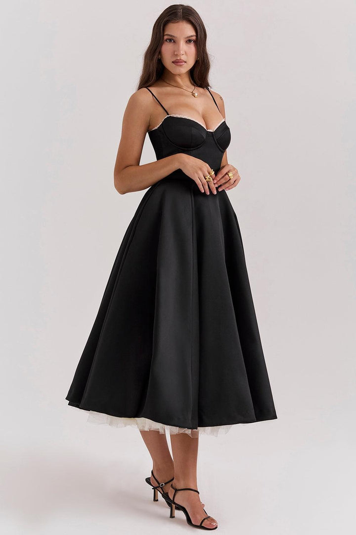 Evelina Damen Midikleid Schwarz, schickes Partykleid mit Trägern für besondere Nächte.