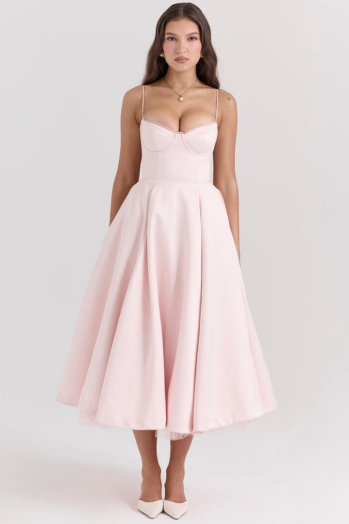 Evelina Damen Midikleid Grün, schickes Partykleid mit Trägern für besondere Nächte.