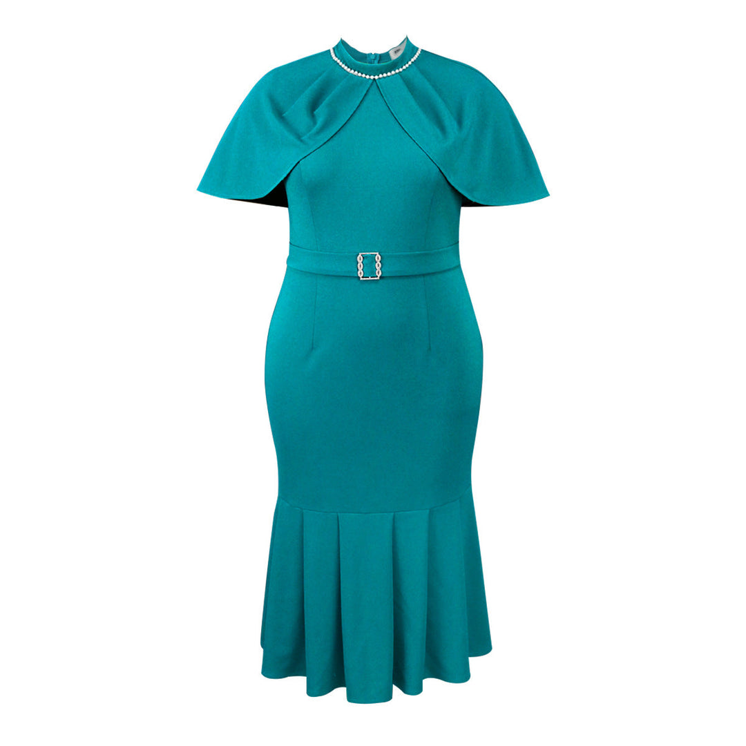 Exklusives Damen-Abendkleid in Teal mit modischem Cape, figurbetont für elegante Abendmode und Feierlichkeiten.
