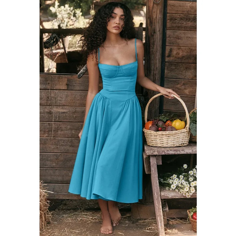 Chic elegantes blaues Sommer-Korsettkleid für Damen, ärmellos und mit elegantem Schnitt.