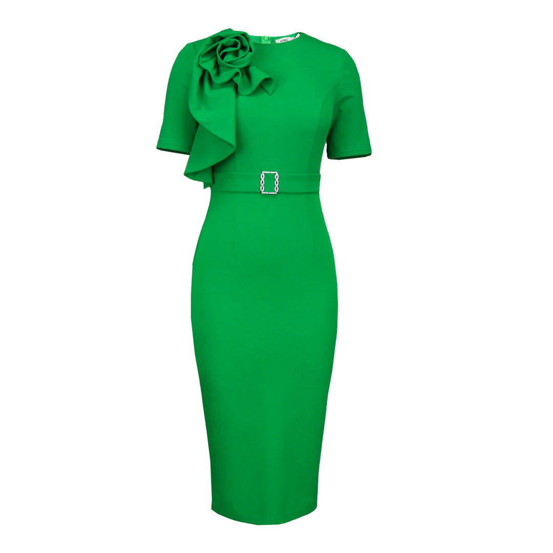 Elegantes Damenkleid mit schickem Blumen-Design, figurbetont in Grün, geeignet für besondere Anlässe.