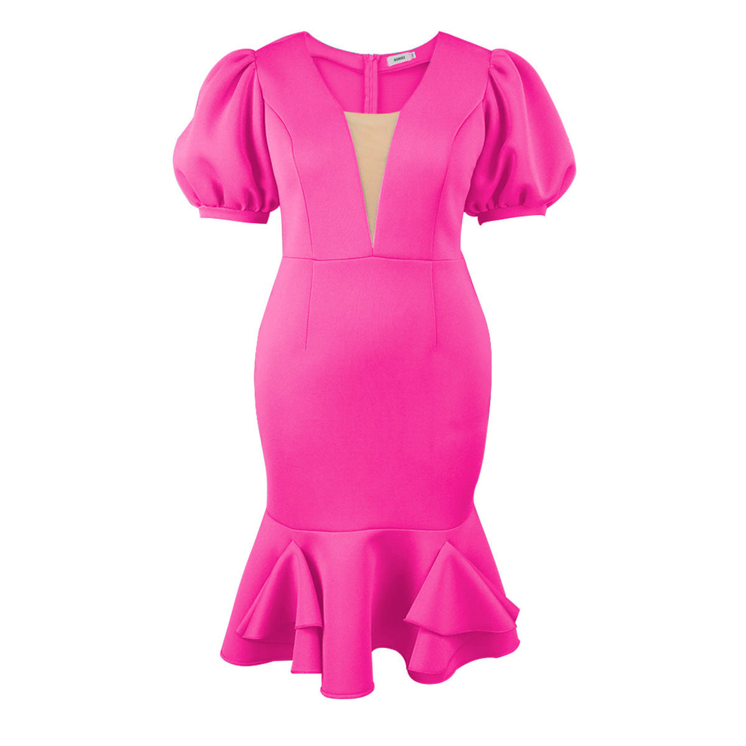 Festliches Damenkleid, figurbetont mit Puffärmeln und Rüschen, ideal für Abende und besondere Gelegenheiten.