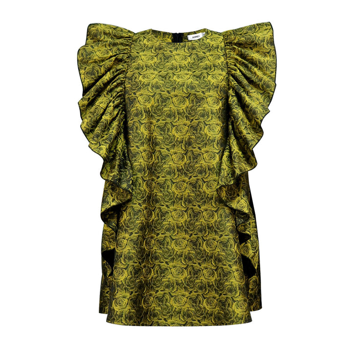 Stylisches Damen Partykleid in Gelb mit elegantem Blumenmuster und raffinierten Rüschen, ideal für den Sommer.