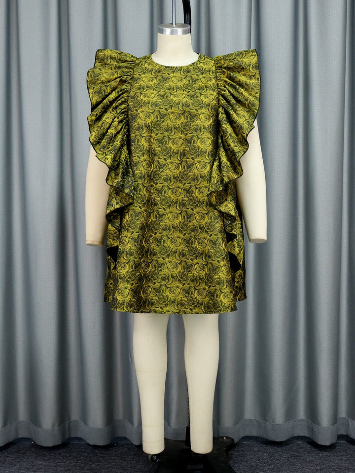 Langes, elegantes Damen Rüschenkleid mit floralem Design in Gelb, ein Must-have für besondere Anlässe.