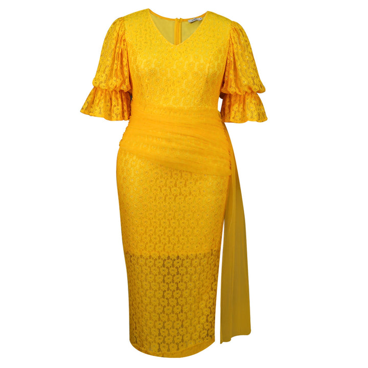 Stylisches gelbes Damen-Spitzenkleid mit V-Ausschnitt und Rüschenrock, ein Hingucker für Sommerfeste und Hochzeiten.