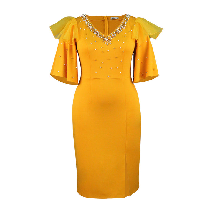 Schimmerndes Damen-Cocktailkleid in Midilänge mit V-Ausschnitt. Ein stilvolles Partykleid für Feierlichkeiten.