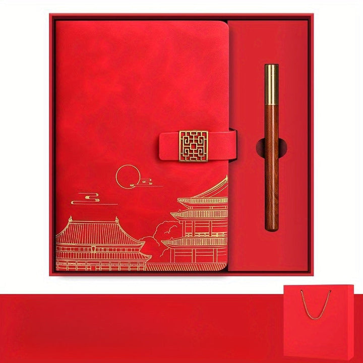 Rotes Schreibwaren-Geschenkset: Notizbuch, Edelstahl-Thermosflasche und eleganter Stift. Perfekt für den Schreibtisch.