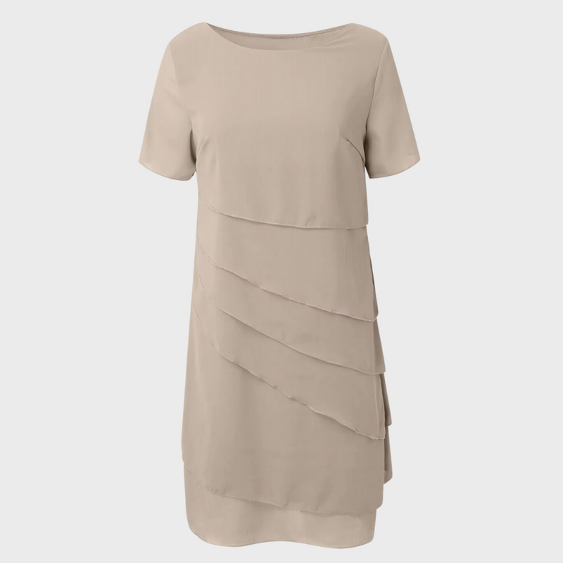Khaki geschichtetes Chiffonkleid für Damen. Elegantes Abendkleid für stilvolle besondere Anlässe.