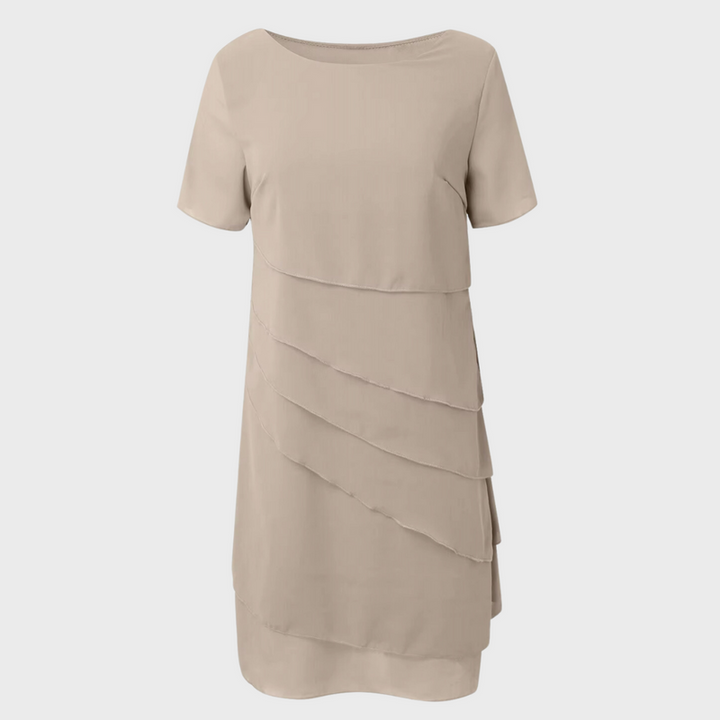 Khaki geschichtetes Chiffonkleid für Damen. Elegantes Abendkleid für stilvolle besondere Anlässe.