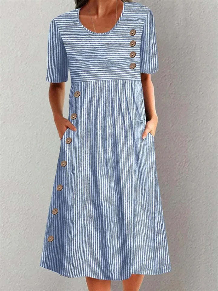 Elegantes gestreiftes Damen Sommer Midikleid mit Kurzarm, perfekt für Freizeit, Urlaub und Strand.