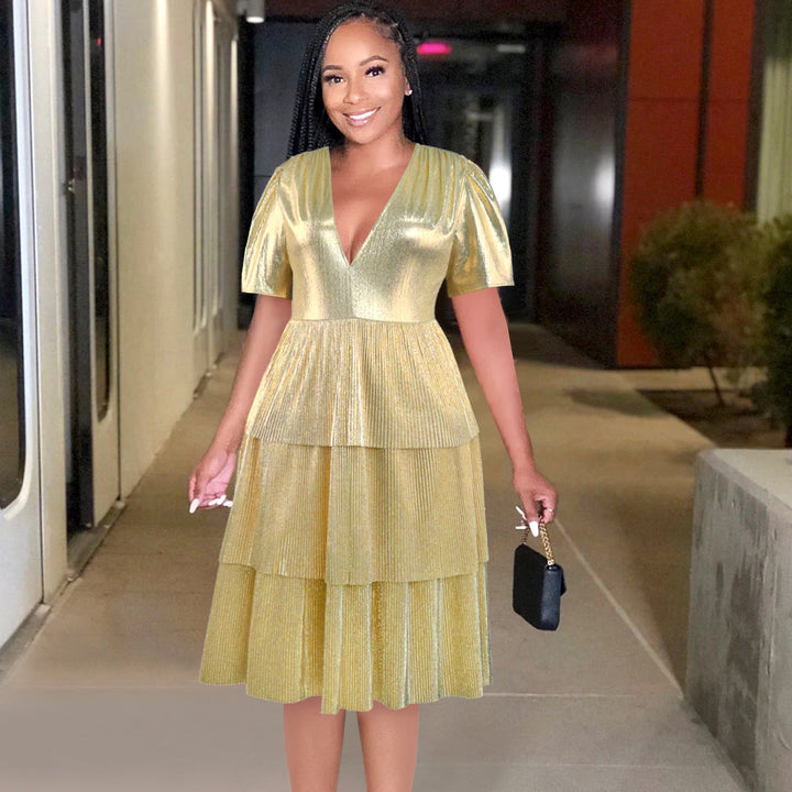 Elegantes gold Glitzer Abendkleid mit voluminösen Rüschen, V-Ausschnitt, Puffärmeln für Gala & Hochzeit.