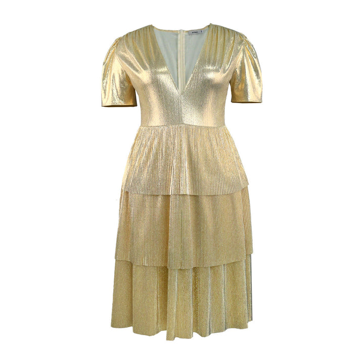 Auffälliges glänzendes goldenes Festkleid mit voluminösen Rüschen und elegantem V-Ausschnitt für Feste.