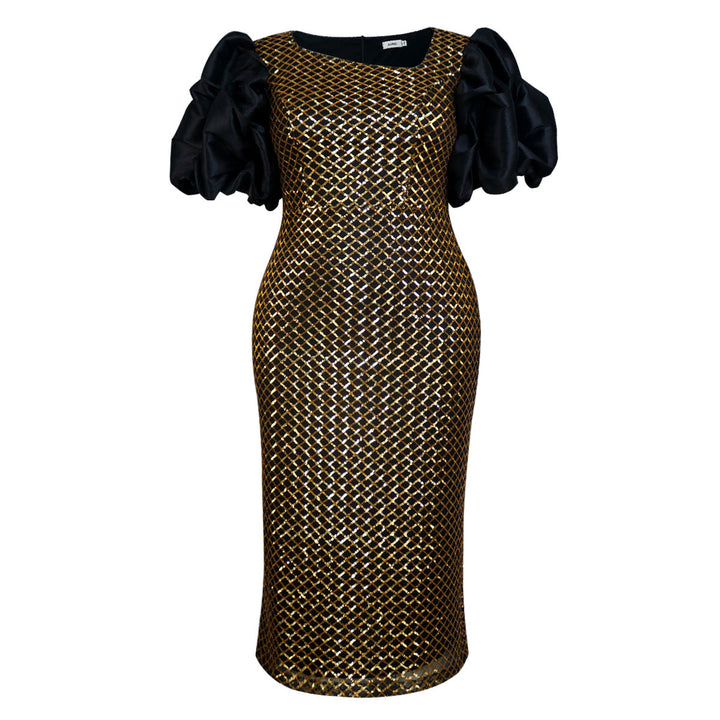 Stilvolles Damen-Cocktailkleid in Gold mit glitzernden Puffärmeln und transparentem Netzstoff für einen festlichen Look.