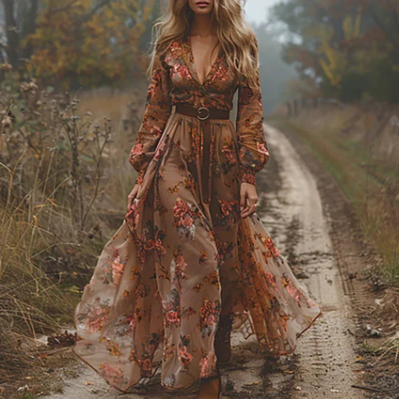 Damen Maxikleid dunkelbraun, bestickt mit V-Ausschnitt. Vielseitiges elegantes Freizeitkleid im Bohemian-Stil.