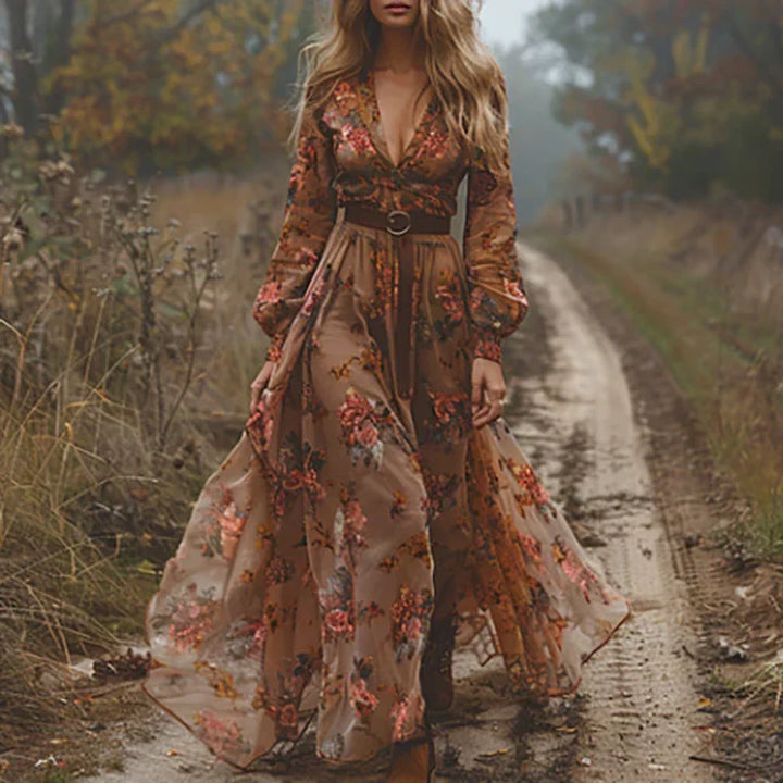 Damen Maxikleid dunkelbraun, bestickt mit V-Ausschnitt. Vielseitiges elegantes Freizeitkleid im Bohemian-Stil.
