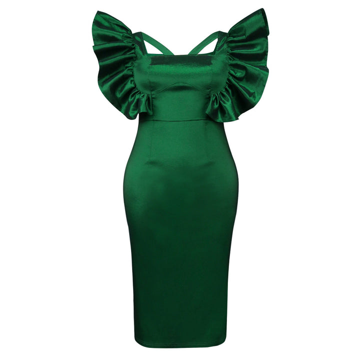 Hochwertiges grünes Damen-Midikleid mit voluminösen Puffärmeln, ideal als Abendkleid oder festliches Outfit.