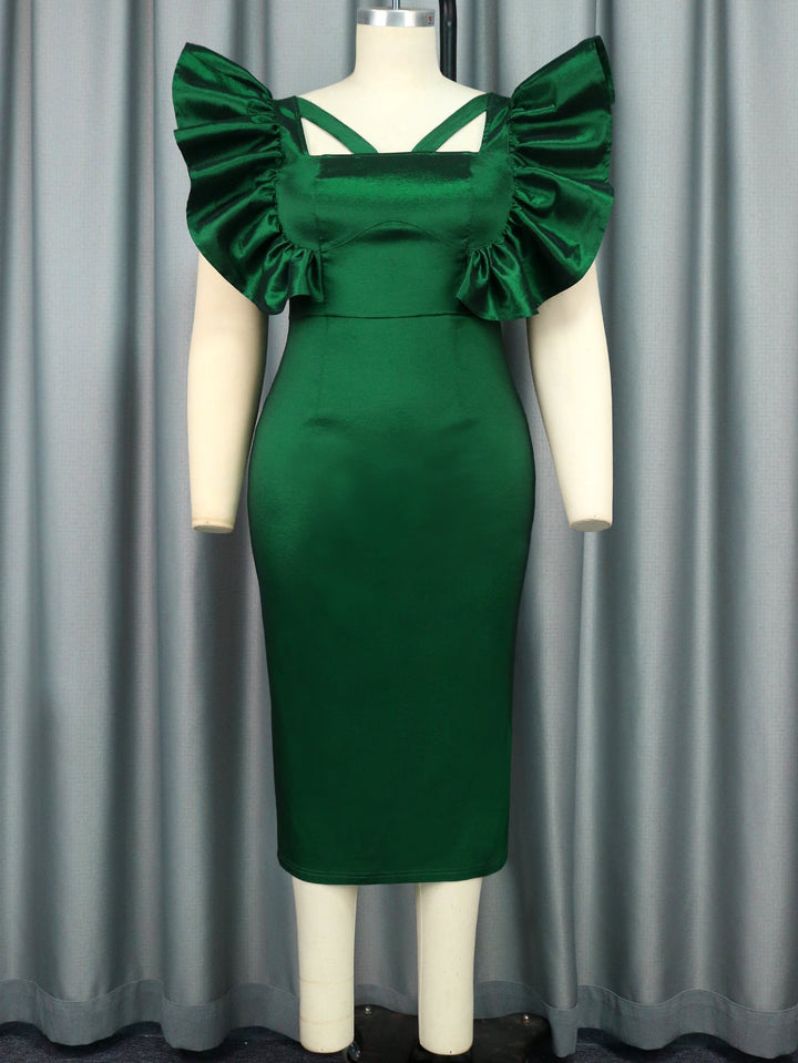 Stilvolles grünes Midikleid mit voluminösen Puffärmeln für Damen, ein elegantes Design für besondere Abende.